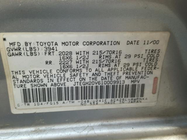 JTEGH20V610009913 - 2001 TOYOTA RAV4 SILVER photo 10