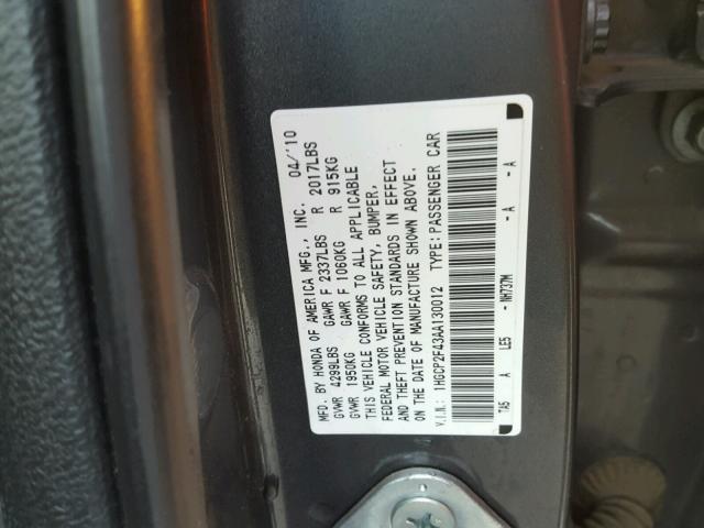 1HGCP2F43AA130012 - 2010 HONDA ACCORD LXP GRAY photo 10