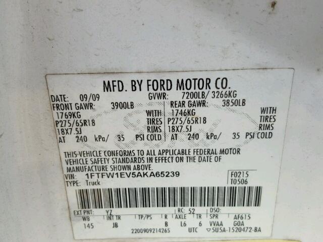 1FTFW1EV5AKA65239 - 2010 FORD F150 SUPER WHITE photo 10