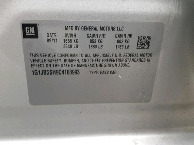 1G1JB5SH9C4108993 - 2012 CHEVROLET SONIC LS 银色 照片 10