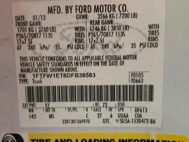 1FTFW1ET8DFB38583 - 2013 FORD F150 SUPER WHITE photo 5