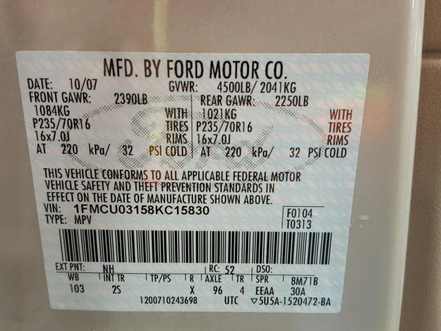 1FMCU03158KC15830 - 2008 FORD ESCAPE XLT CREAM photo 10