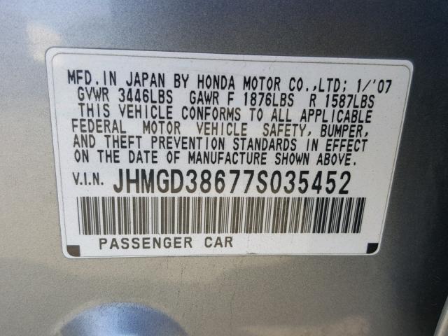 JHMGD38677S035452 - 2007 HONDA FIT S 灰色 照片 10