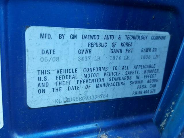 KL1TD66E69B336784 - 2009 CHEVROLET AVEO LS BLUE photo 10