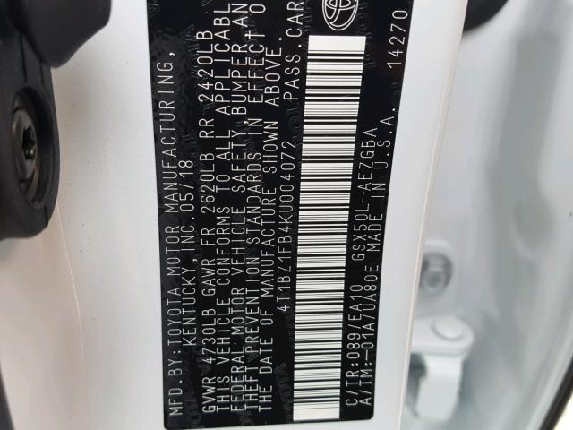 4T1BZ1FB4KU004072 - 2019 TOYOTA AVALON XLE 白色 照片 10