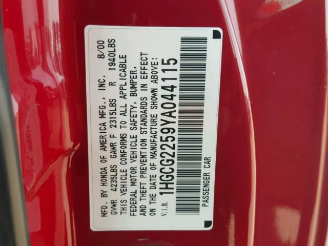 1HGCG2259YA044115 - 2000 HONDA ACCORD EX RED photo 10