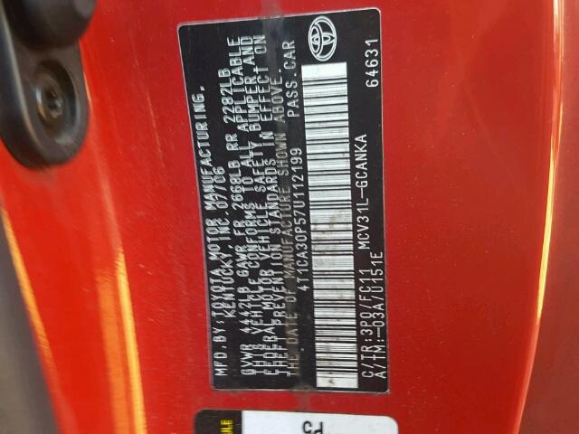 4T1CA30P57U112199 - 2007 TOYOTA CAMRY SOLA RED photo 10