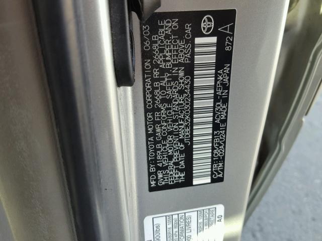 JTDBE32K030234430 - 2003 TOYOTA CAMRY LE Silber Foto 10