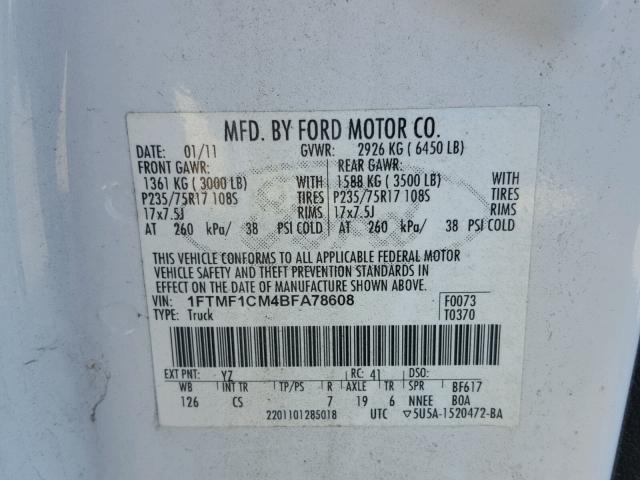 1FTMF1CM4BFA78608 - 2011 FORD F150 WHITE photo 10