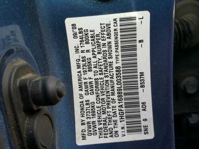 1HGFA16889L003588 - 2009 HONDA CIVIC EX أحمر صورة 10