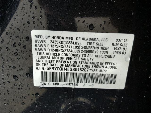 5FRYD3H48GB018207 - 2016 ACURA MDX TECHNO BLACK photo 10