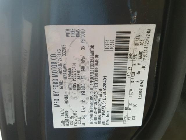 1FMEU31E58UA28401 - 2008 FORD EXPLORER S BLACK photo 10