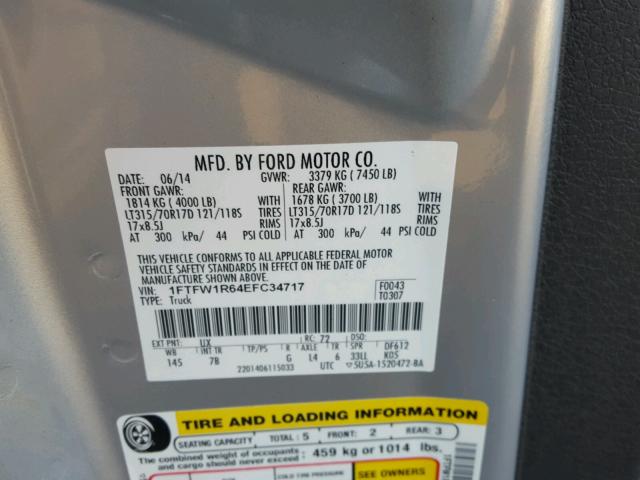 1FTFW1R64EFC34717 - 2014 FORD F150 SVT R SILVER photo 10