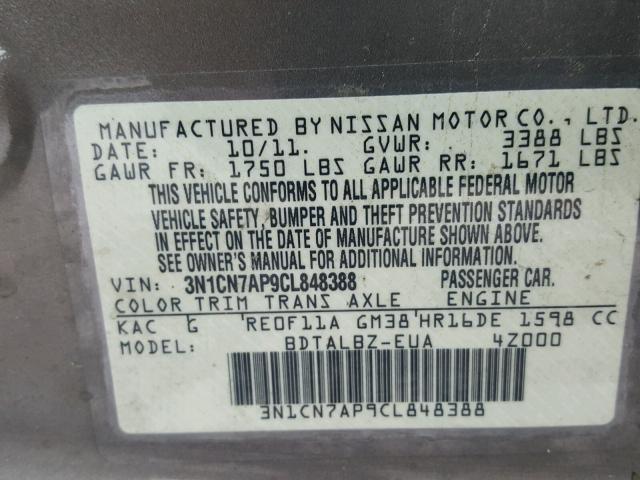 3N1CN7AP9CL848388 - 2012 NISSAN VERSA S GOLD photo 10