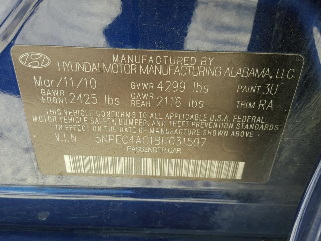 5NPEC4AC1BH031597 - 2011 HYUNDAI SONATA SE BLUE photo 10