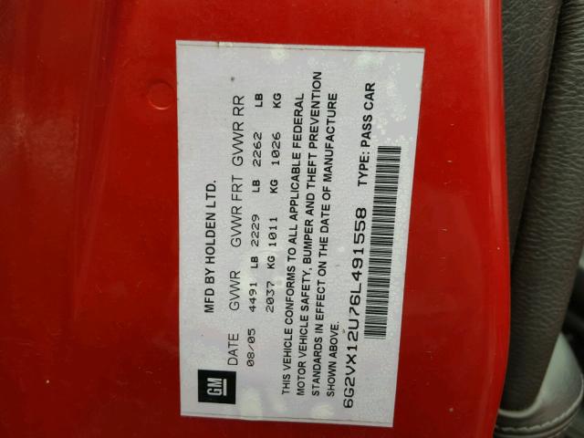 6G2VX12U76L491558 - 2006 PONTIAC GTO RED photo 10