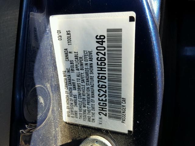 2HGES26761H562046 - 2001 HONDA CIVIC EX BLUE photo 10