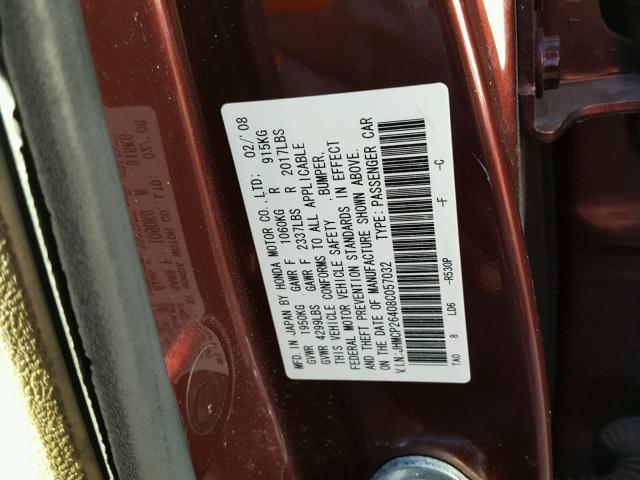 JHMCP26408C057032 - 2008 HONDA ACCORD LXP BURGUNDY photo 10