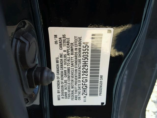 2HGFG12829H503554 - 2009 HONDA CIVIC EX BLACK photo 10