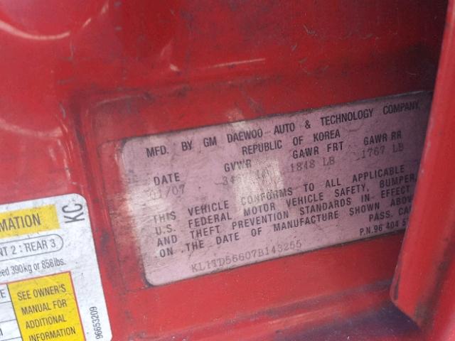 KL1TD56607B143255 - 2007 CHEVROLET AVEO BASE Қызыл фото 10