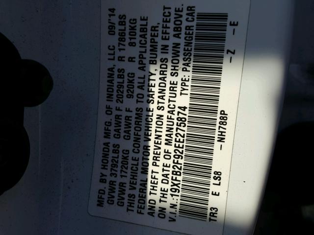 19XFB2F92EE275874 - 2014 HONDA CIVIC EXL 白色 照片 10
