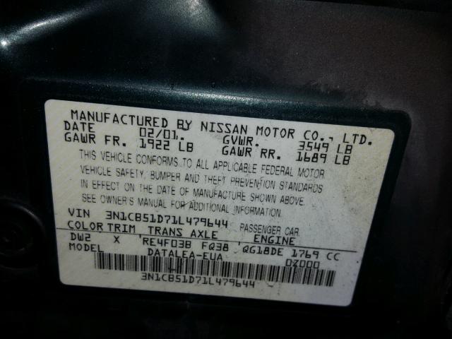 3N1CB51D71L479644 - 2001 NISSAN SENTRA XE GREEN photo 10