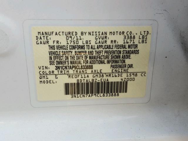 3N1CN7AP9CL833888 - 2012 NISSAN VERSA S WHITE photo 10