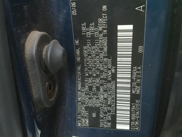 5TDZA23C36S508605 - 2006 TOYOTA SIENNA CE BLUE photo 10