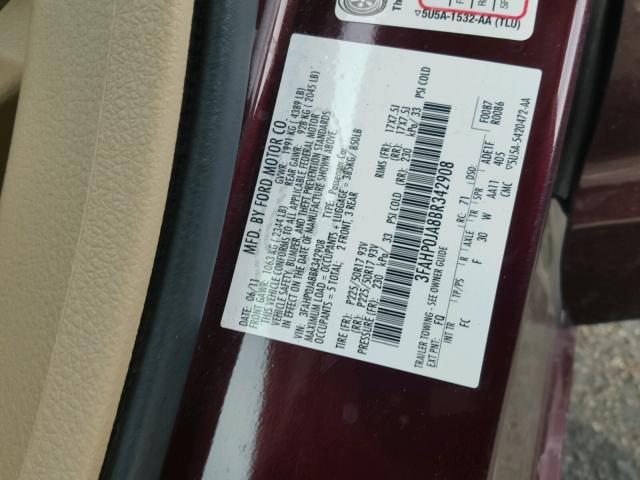 3FAHP0JA8BR342908 - 2011 FORD FUSION SEL BURGUNDY photo 10