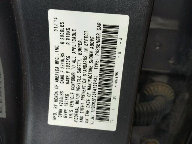 1HGCR2F36EA129430 - 2014 HONDA ACCORD LX GRAY photo 10