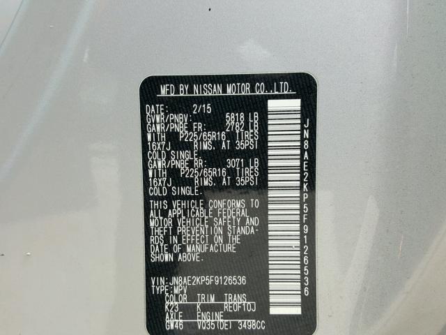 JN8AE2KP5F9126536 - 2015 NISSAN QUEST S SILVER photo 10