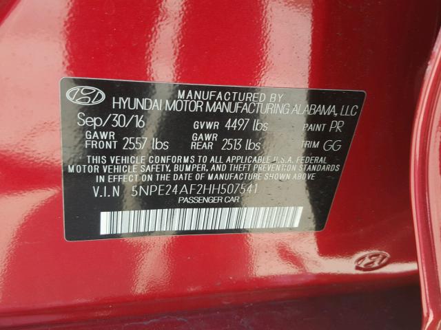 5NPE24AF2HH507541 - 2017 HYUNDAI SONATA SE RED photo 10