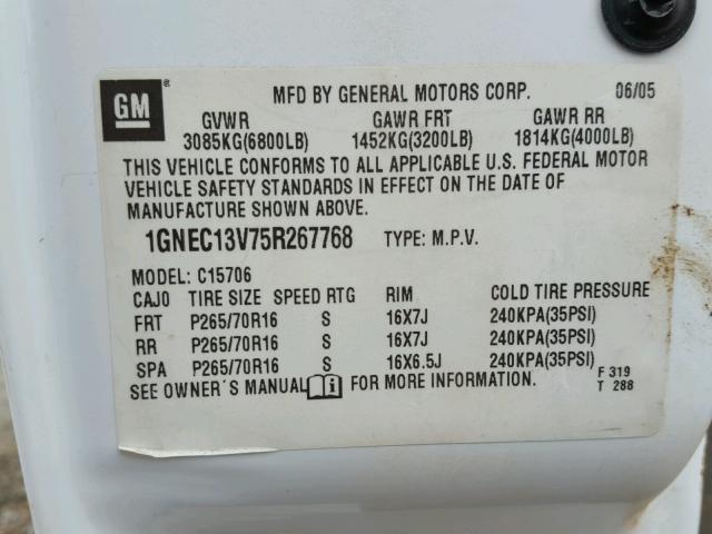 1GNEC13V75R267768 - 2005 CHEVROLET TAHOE C150 WHITE photo 10