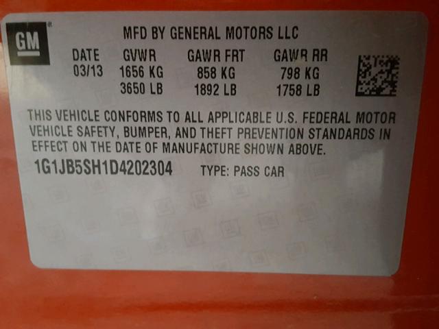 1G1JB5SH1D4202304 - 2013 CHEVROLET SONIC LS 橙色 照片 10