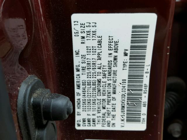 5J6RM3H53DL034199 - 2013 HONDA CR-V EX MAROON photo 10