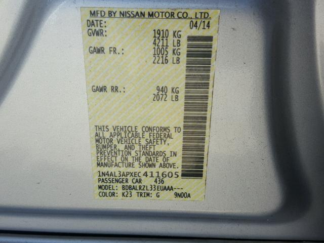 1N4AL3APXEC411605 - 2014 NISSAN ALTIMA 2.5 SILVER photo 10