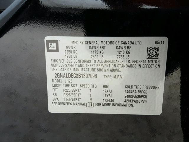 2GNALDEC3B1307098 - 2011 CHEVROLET EQUINOX LT BLACK photo 10