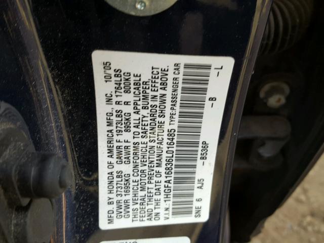 1HGFA16836L016485 - 2006 HONDA CIVIC EX ლურჯი ფოტო 10