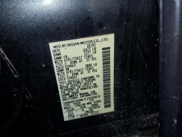 1N6BA07A06N520969 - 2006 NISSAN TITAN XE GRAY photo 10