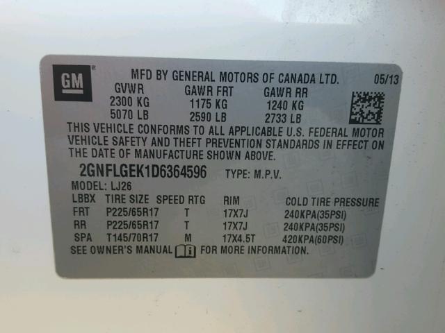 2GNFLGEK1D6364596 - 2013 CHEVROLET EQUINOX LT WHITE photo 10