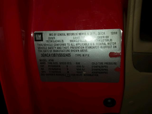 3GNCA13B79S602405 - 2009 CHEVROLET HHR LS Rojo foto 10