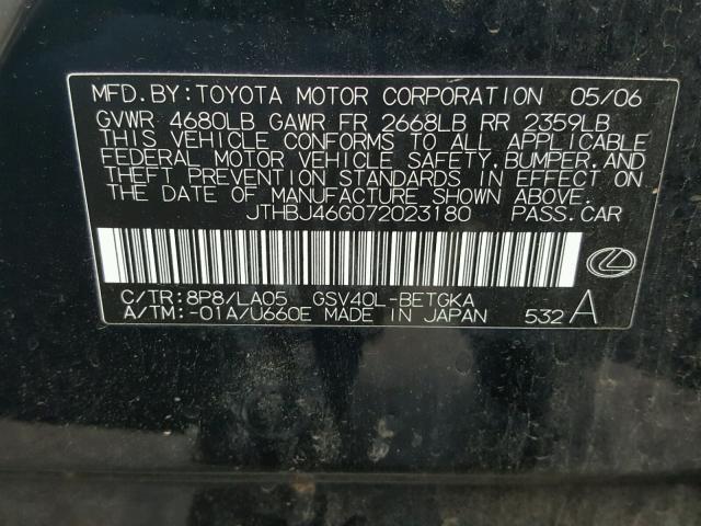 JTHBJ46G072023180 - 2007 LEXUS ES 350 BLUE photo 10