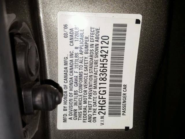 2HGFG11836H542120 - 2006 HONDA CIVIC EX 银色 照片 10