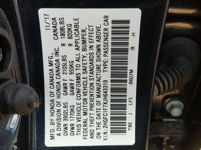 2HGFC1F7XJH643319 - 2018 HONDA CIVIC EXL 蓝色 照片 10