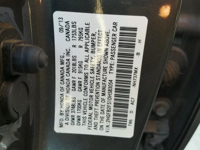 2HGFB2F51DH583054 - 2013 HONDA CIVIC LX GRAY photo 10