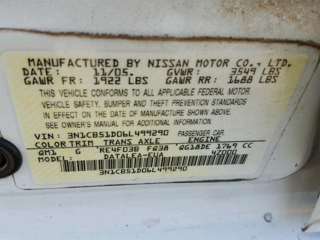 3N1CB51D06L499290 - 2006 NISSAN SENTRA 1.8 WHITE photo 10