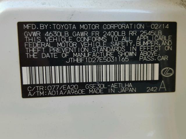 JTHBF1D27E5031165 - 2014 LEXUS IS 250 WHITE photo 10