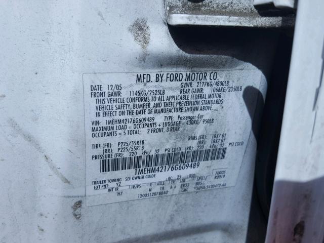 1MEHM42176G609489 - 2006 MERCURY MONTEGO PR 白色 照片 10