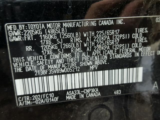 2T3BF35V89W005212 - 2009 TOYOTA RAV4 BLACK photo 10