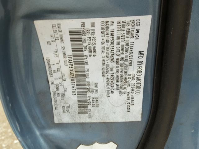 1FAFP53U75A176763 - 2005 FORD TAURUS SE BLUE photo 10